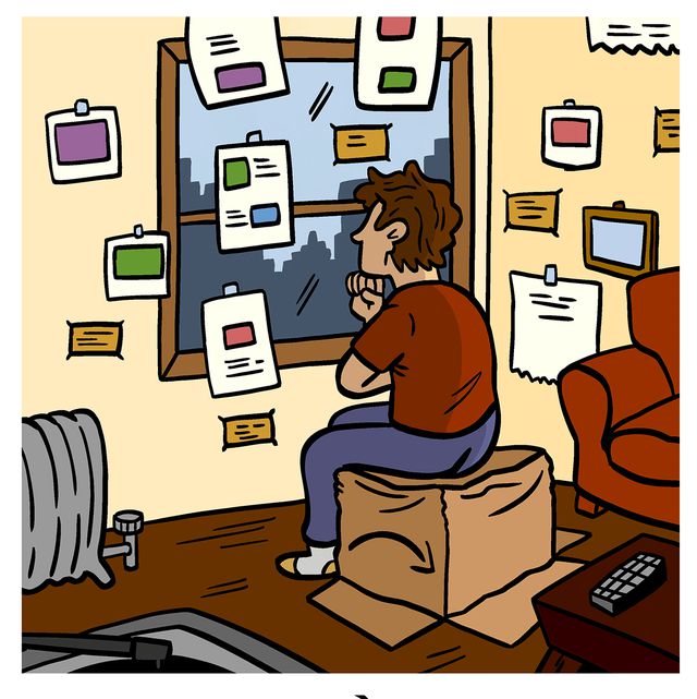 An illustration of Museum normplay, showing a person thoughtfully staring at taped up things on their wall.